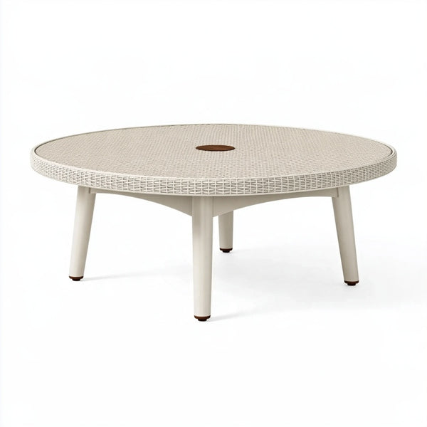 Tavolino da esterno rotondo 100 cm in metallo e intreccio sintetico beige