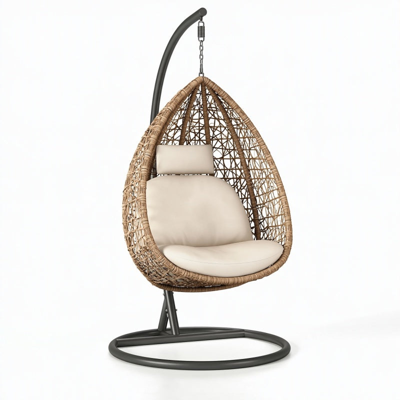 Poltrona sospesa da giardino 100 x 100 x 195 cm in rattan marrone e metallo nero stile boho con base autoportante