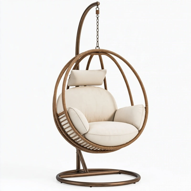 Poltrona sospesa 105 x 105 x 195 cm in metallo e fibra intrecciata marrone con seduta beige stile contemporaneo