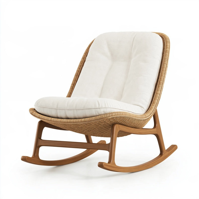 Sedia a dondolo 95 x 70 x 100 cm in legno rattan e tessuto bianco per soggiorno
