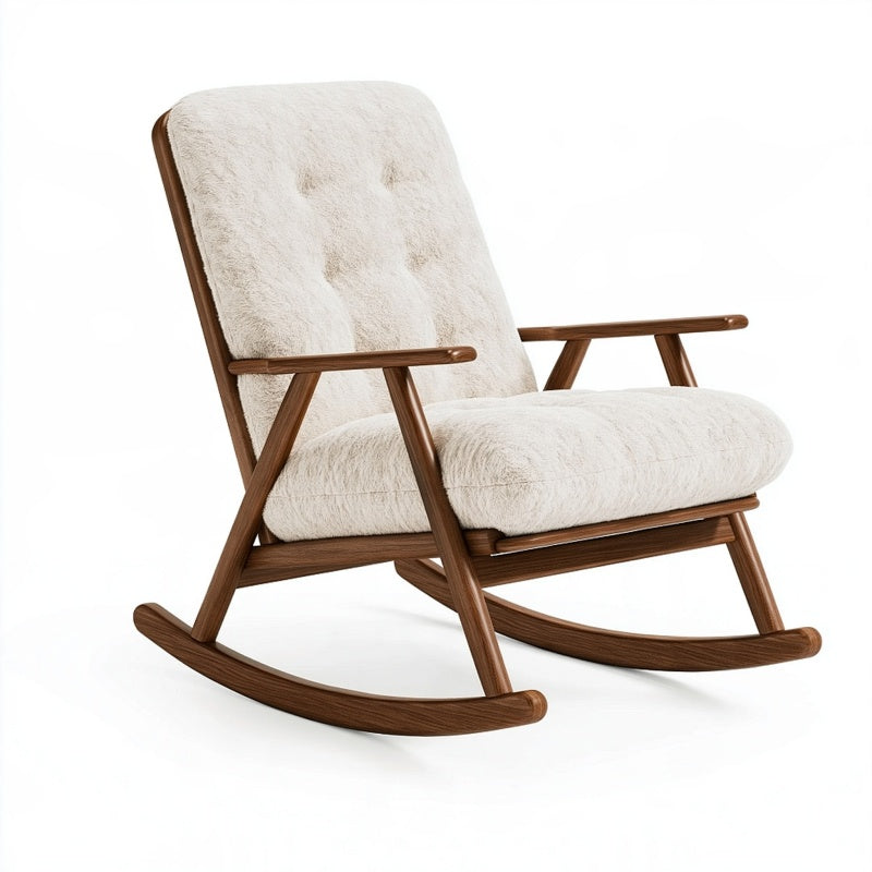 Sedia a dondolo 100 x 70 x 90 cm in legno marrone con rivestimento bianco effetto pelliccia per soggiorno