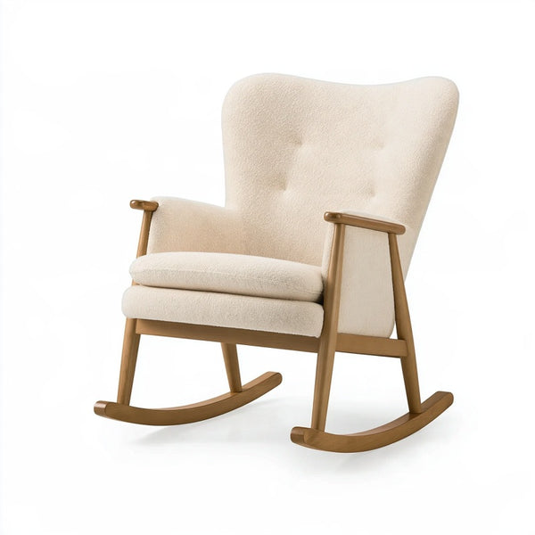 Sedia a dondolo 75 x 95 x 105 cm in tessuto bouclé beige con struttura in legno stile nordico