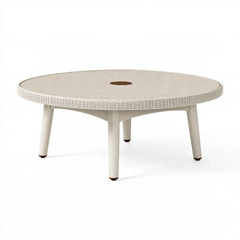 Tavolino da esterno rotondo 100 cm in metallo e intreccio sintetico beige