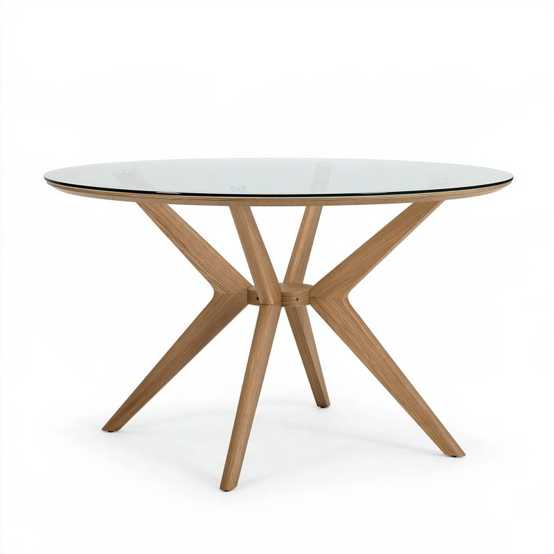 Tavolo da pranzo rotondo 120 cm in vetro trasparente e legno naturale - stile moderno