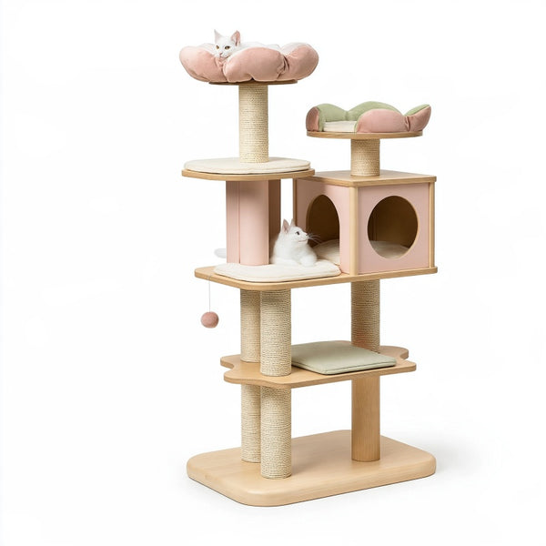 Albero tiragraffi 60 x 50 x 150 cm in legno e sisal rosa verde beige con cucce e piattaforme