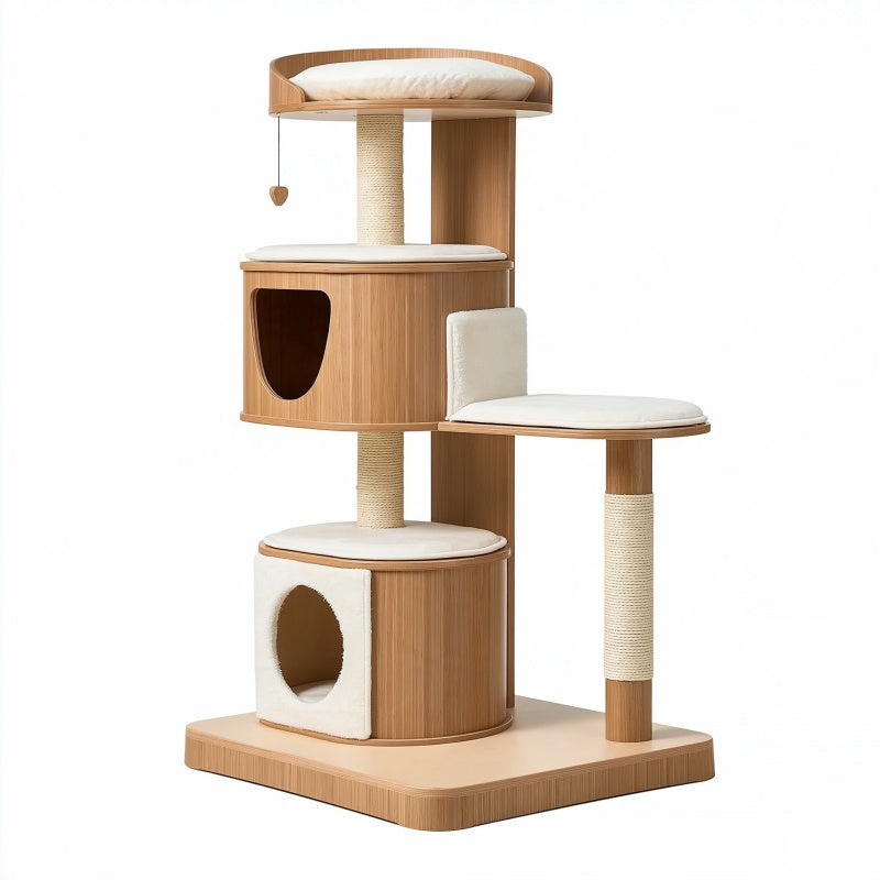 Tiragraffi per gatti 60 x 60 x 150 cm in legno beige e bianco con sisal e cucce stile moderno