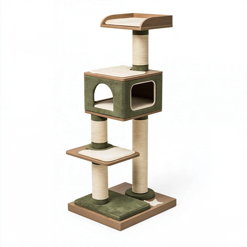 Tiragraffi per gatti 60 x 45 x 150 cm in legno e sisal verde con cuccia e piattaforme