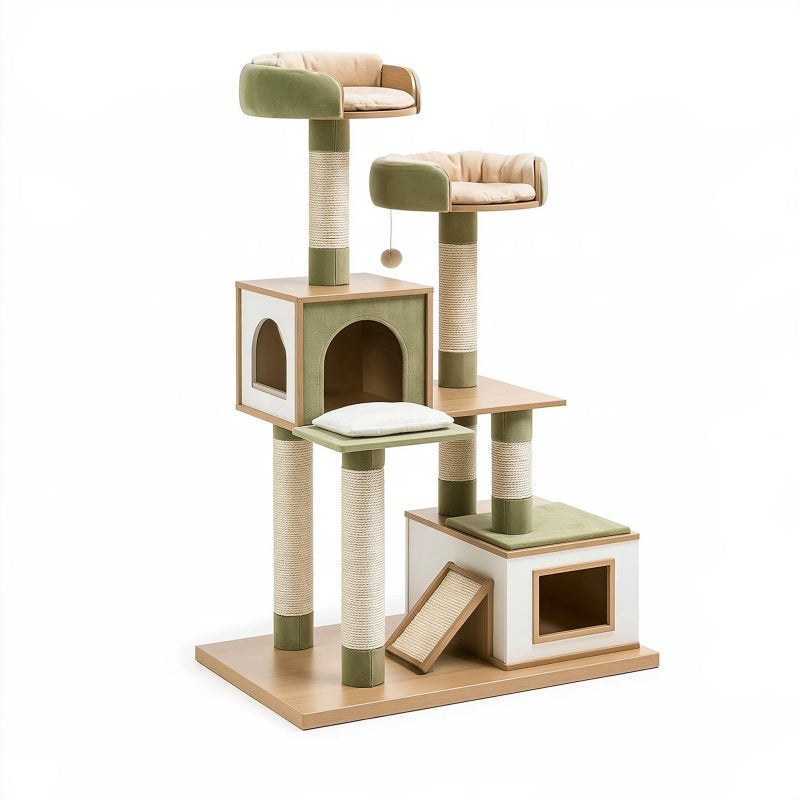 Albero tiragraffi per gatti 80 x 50 x 160 cm in legno e sisal verde e beige con cucce e piattaforme