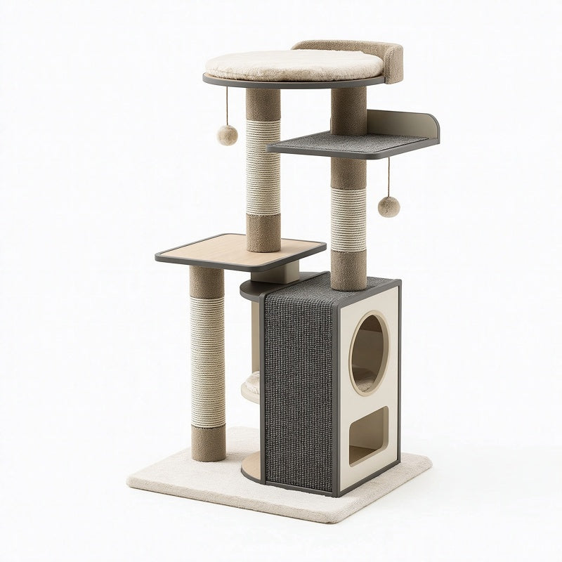 Tiragraffi per gatti 60 x 50 x 150 cm beige/grigio in sisal con cuccia e piattaforme