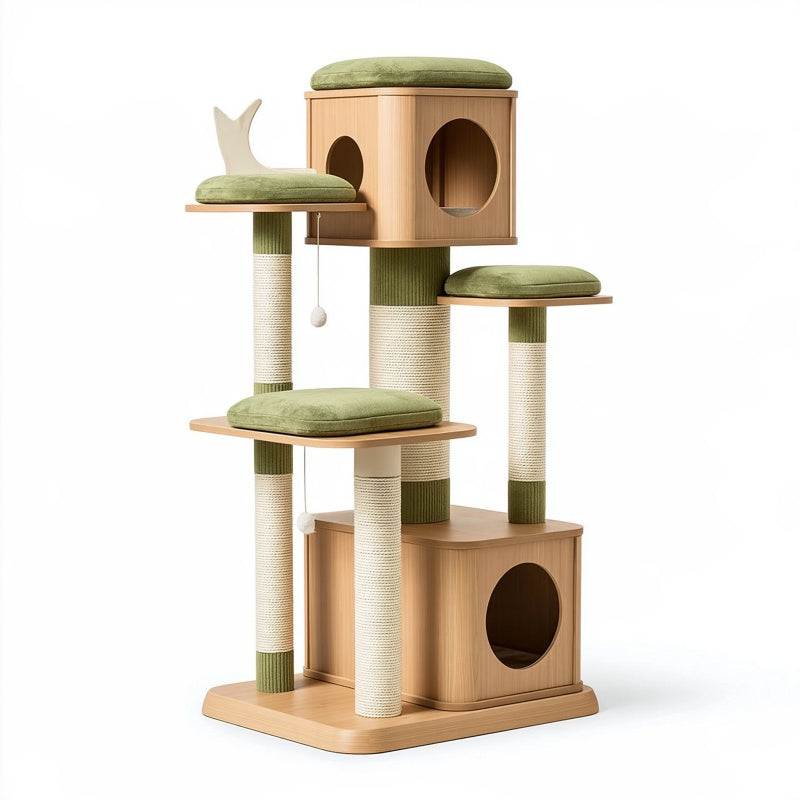 Tiragraffi per gatti 60 x 50 x 150 cm in legno beige e verde con pali in sisal e cucce