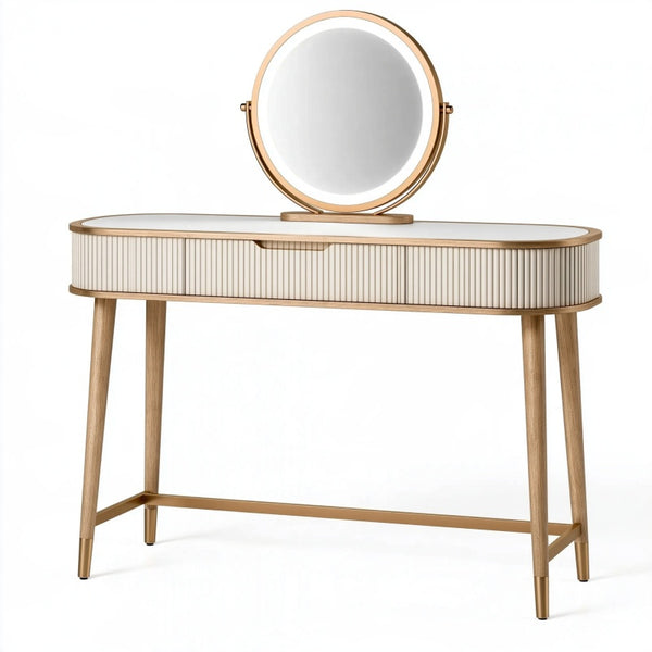 Toeletta 120 x 45 x 130 cm in legno beige e oro con specchio rotondo e cassetto